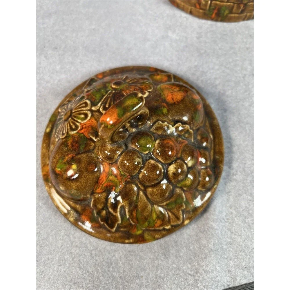 Basket Weave Flowers Grapes Peach Pear Fruit on Lid Ceramic Canister Dated 1974
